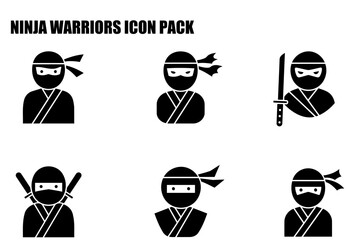 Ninja warriors in traditional attire, standing/holding weapons in various poses. Silhouette icons of ninja warriors with weapons, in a digital design aesthetic.