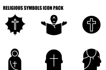 Religious symbols icon set depicting various religious imagery. Clergyman with open arms, a cross, and a religious icon.