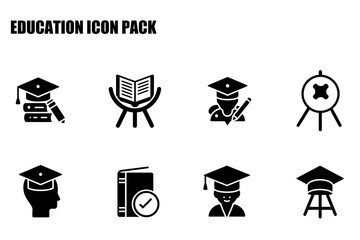 Education icon pack, featuring various academic elements in a flat design. Collection of icons representing books, teachers, students, and graduation, in a simple, clean layout.