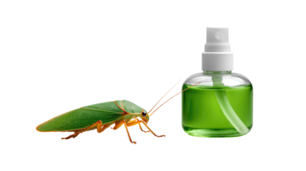 Green Bug Encounter: A vibrant green bug meets a spray bottle, perhaps a moment of curiosity or a defensive standoff. This image captures a close-up scene of insects and bug spray and nature.