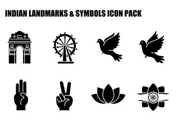 Indian landmarks and symbols icon pack showing various cultural and historical elements.