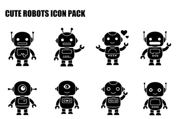 Cute robot icons in various poses on a white background. Collection of simple, cartoonish robot designs with different expressions and gestures.