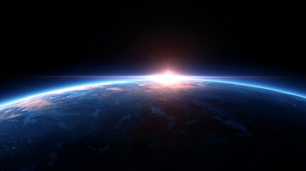 Sunrise over Earth in deep blue outer space with glowing atmosphere and distant stars, symbolizing global unity, cosmic wonder, space exploration, planet Earth, and scientific discovery