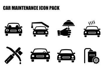 Car maintenance icons for service, depicting various car maintenance actions in a simplified, stylized format. Automotive service icons in a professional garage setting.