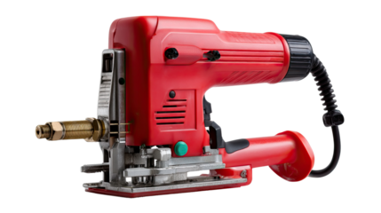 Industrial Red Jigsaw Tool: A close-up shot of a vibrant red jigsaw tool, exhibiting power and precision in a photorealistic setting.