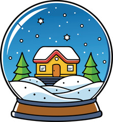Naklejka premium Charming Winter Snow Globe Scene Featuring Cozy House and Evergreen Trees.Charming Winter Snow Globe Scene with Cozy House and Evergreen Trees.new 2025 trendy.