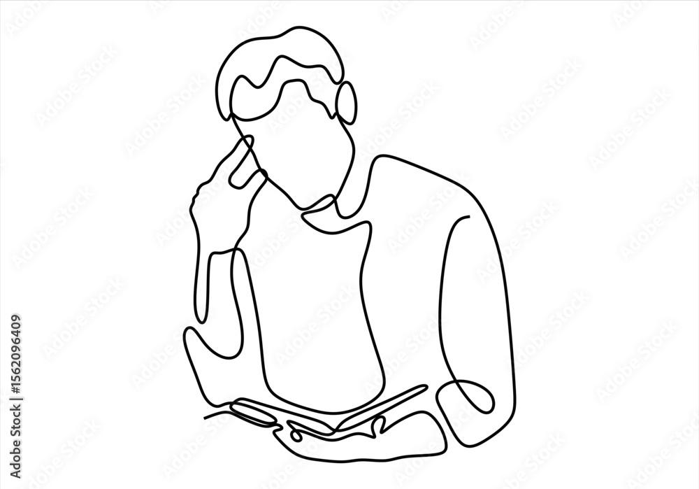 Poster man reading and thinking a line. line icon-continuous line drawing. editable stroke.