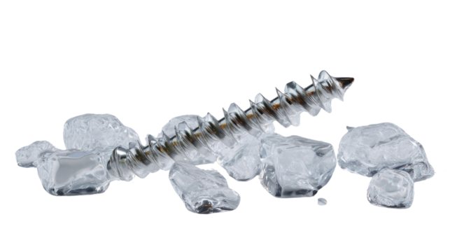 Metallic Screw in Ice Cubes: A close-up captures a striking juxtaposition of a metallic screw piercing through a collection of clear ice cubes, showcasing the interaction of material and form. 