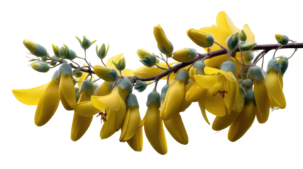 Golden Floral Elegance: A close-up view of a vibrant yellow Kowhai branch, its delicate flowers and buds elegantly displayed against a bright backdrop, captures the essence of nature's beauty.