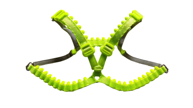 Neon Green Harness: A vibrant neon green harness, designed for comfort and safety, is depicted against a clean backdrop. Showcasing its innovative design and high-quality construction.