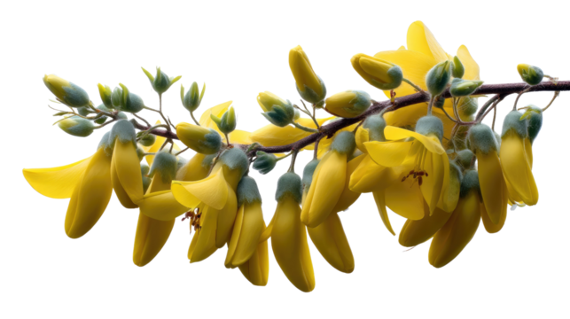 Golden Floral Elegance: A close-up view of a vibrant yellow Kowhai branch, its delicate flowers and buds elegantly displayed against a bright backdrop, captures the essence of nature's beauty.