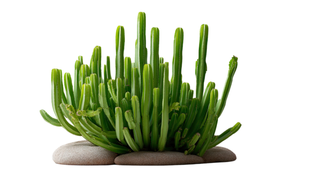 Green Cactus on the Rocks: A detailed studio shot of a striking green cactus formation flourishing among smooth, neutral-toned rocks, a testament to nature's resilient design. 