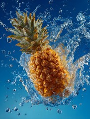 Pineapple Splashing in Water Against a Blue Background