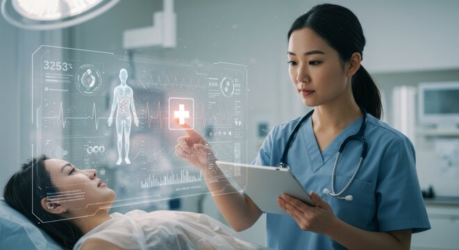 Doctor using tablet and holographic medical data for patient care