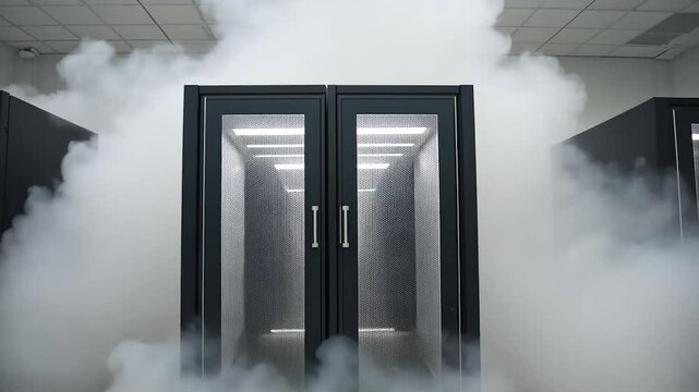 Data center server room filled with white smoke, emanating from behind glass-fronted black cabinets
