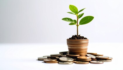 A small plant grows from a stack of coins on white background