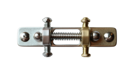 Precision Mechanics: A close-up shot of a silver and gold metal clamp, showcasing intricate screw threads, rivets and mechanical elements.
