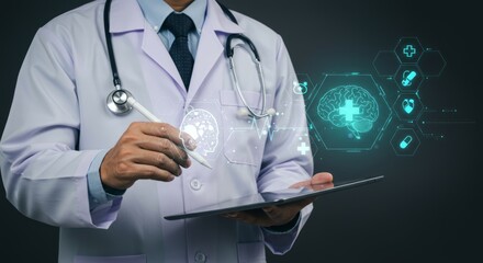 Doctor using tablet with digital brain overlay (1)