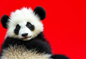 Adorable panda cub on back, red background, black & white fur,  cub,   wildlife scene