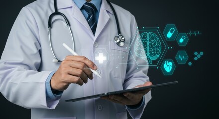 Doctor using tablet with digital health icons