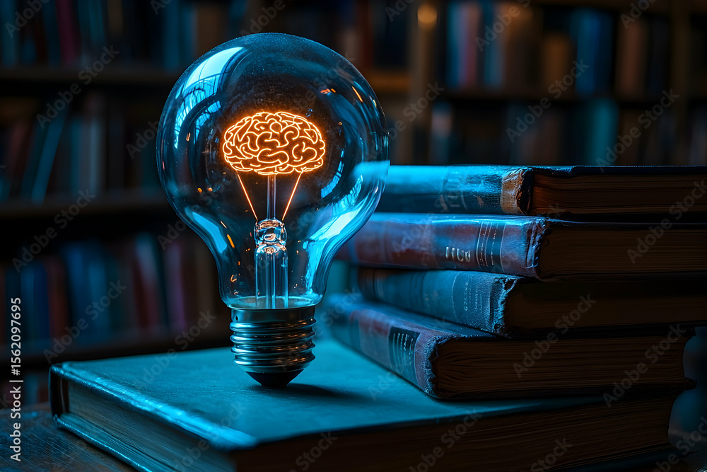 Poster illuminating idea lightbulb with glowing brain atop stack of books