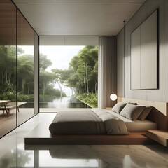 A clean and inviting bedroom features a large bed adorned with soft blankets and pillows