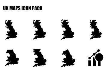 UK map icons in a simple, bold design. Silhouettes of the United Kingdom.