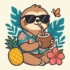 Cute Tropical Sloth with Coconut and Sunglasses – Summer Cartoon Design for Boys' T-Shirts