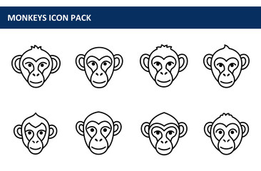 Monkey icon set in simple line art style. Six monkey head illustrations in various poses displayed against a plain background.