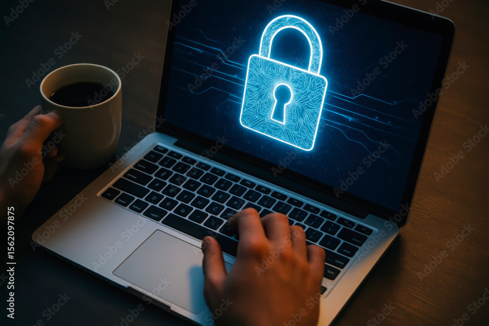 Poster hands typing on a laptop with a glowing digital padlock symbolizing cybersecurity and data protectio