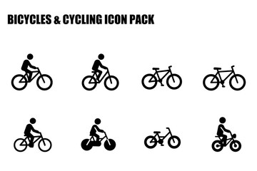 Obraz premium Bicycle icons for general use in a graphic design project. Simple black and white silhouettes of people on various bicycles.