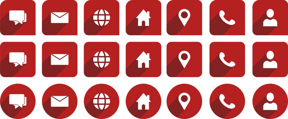 Business card icon set, contact information icons, Vector illustration in red color on transparent background