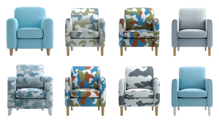 Modern armchair collection, various upholstery patterns, camouflage fabric, solid colors isolated on transparent background.