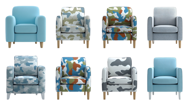 Modern armchair collection, various upholstery patterns, camouflage fabric, solid colors isolated on transparent background.