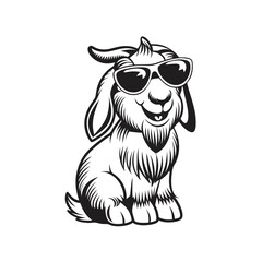 Cool cartoon goat sits calmly wearing sunglasses in a bold, monochrome artistic style