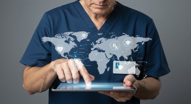Doctor using tablet with global health interface