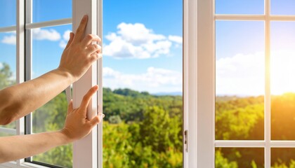 Naklejka premium Hands Opening Window To Scenic View