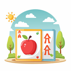 Flat educational vector flashcards with alphabet letters and matching cute illustrations (A)