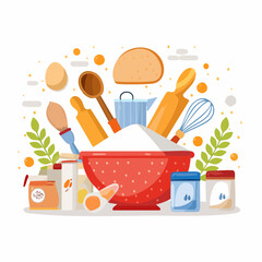 Flat vector elements of baking ingredients- flour, sugar, eggs, rolling pin, butter, measuring