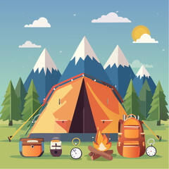  Flat vector icons for camping gear- tent, flashlight, backpack, compass, campfire, mountain