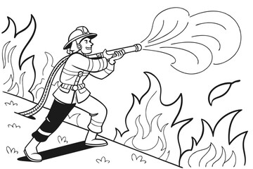Fototapeta premium A courageous firefighter hero aiming a water hose to put out a fire. Bold outlines, action scene, black and white line art for a coloring book