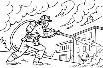 A courageous firefighter hero aiming a water hose to put out a fire. Bold outlines, action scene, black and white line art for a coloring book