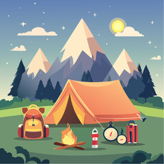 vector icons for camping gear- tent, flashlight, backpack, compass, campfire, mountain