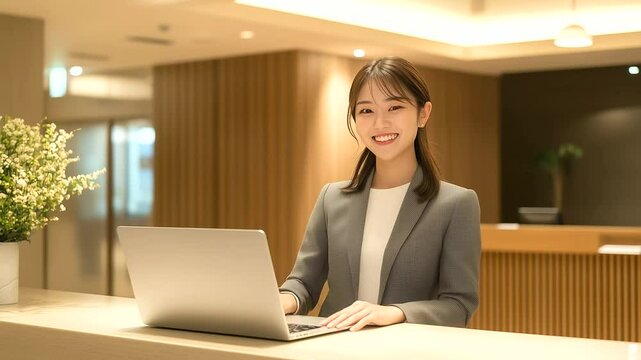 Cheerful office worker in a beige blazer using a computer at a contemporary workplace with elegant lighting business woman, corporate environment, Japanese woman, office desk, lapt