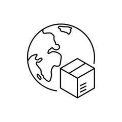 World Wide Delivery Parcel Box and Globe Line Icon. International Shipping Industry Linear Pictogram. Global Worldwide Import Export Retail Outline Icon. Editable Stroke. Isolated Vector Illustration.