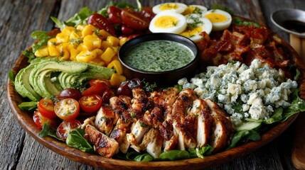 Delicious cobb salad with grilled chicken, fresh vegetables, and blue cheese dressing