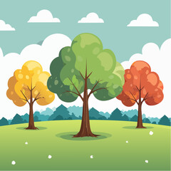 Flat vector illustrations of the same tree in 4 seasons- spring, summer, autumn, winter, 