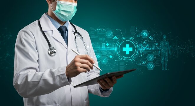 Doctor using tablet with medical data overlay