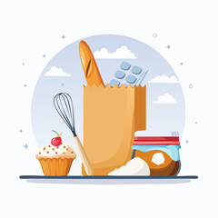 Vector illustrations of baking essentials- flour bag, whisk, rolling pin, cupcake, butter,