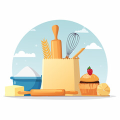 Vector illustrations of baking essentials- flour bag, whisk, rolling pin, cupcake, butter,